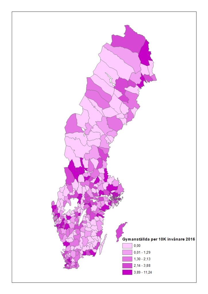 Gymanställda per 10K invånare 2016