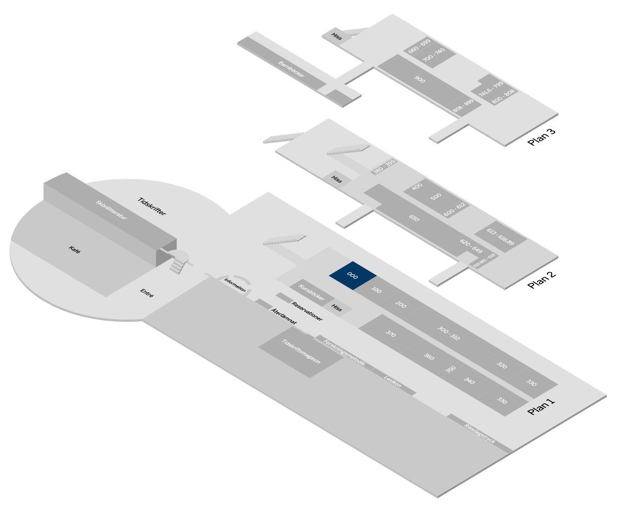 Karta över bibliotekets hyllor över de tre våningsplanen med hyllorna från 0 till 100 markerad för navigering.