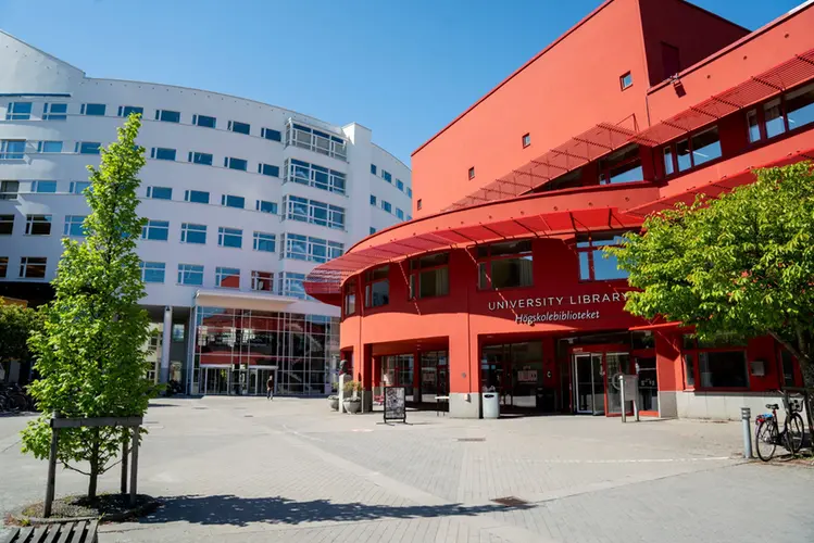 Högskolebiblioteket på  Jönköping Universitys campus en solig sommardag.